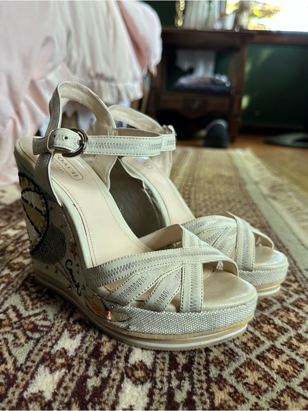 Coach Cream Wedge Sandals with Embroidered Side Detail